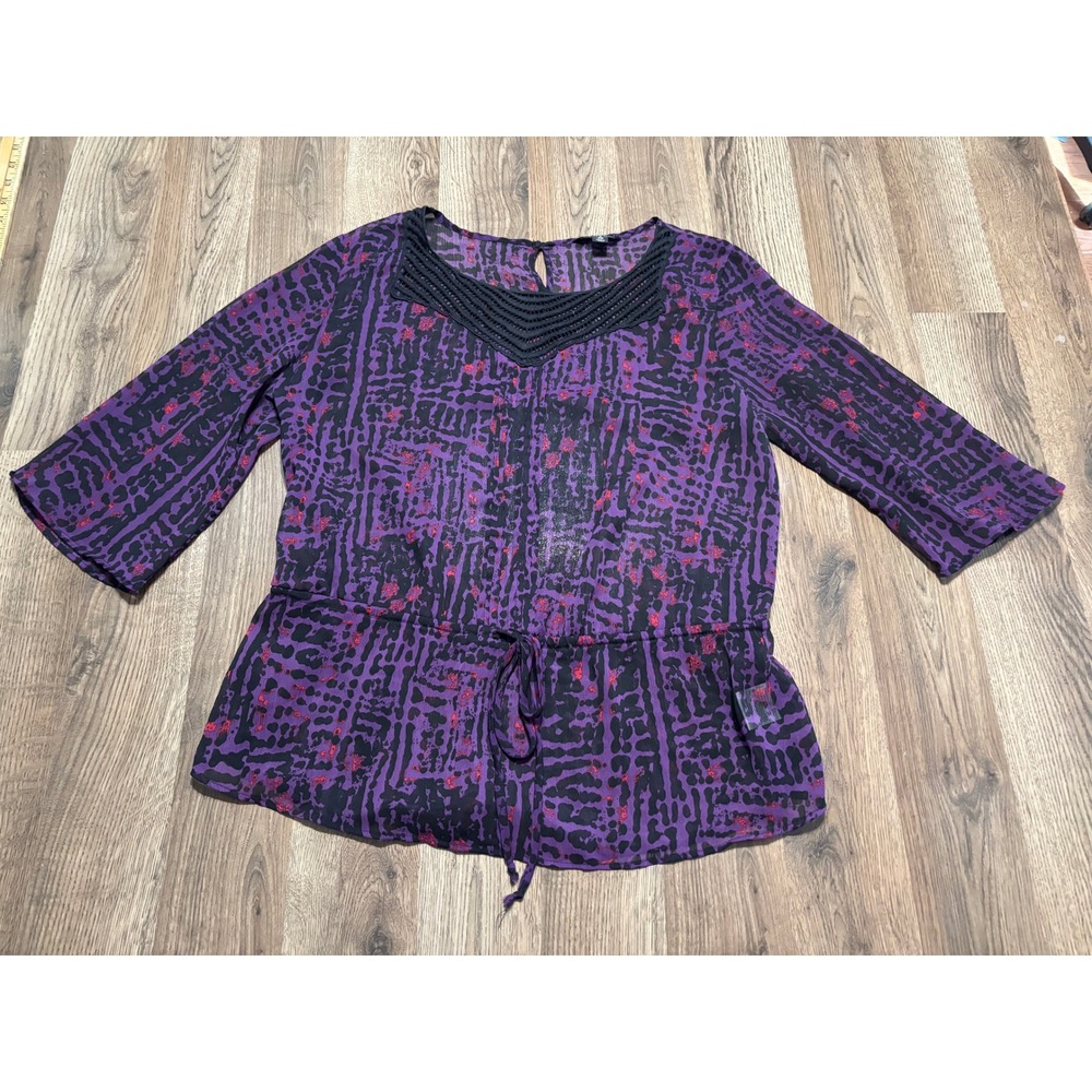 George Blouse Womens Medium Purple Combo Abstract Sheer Drawstring Excellent